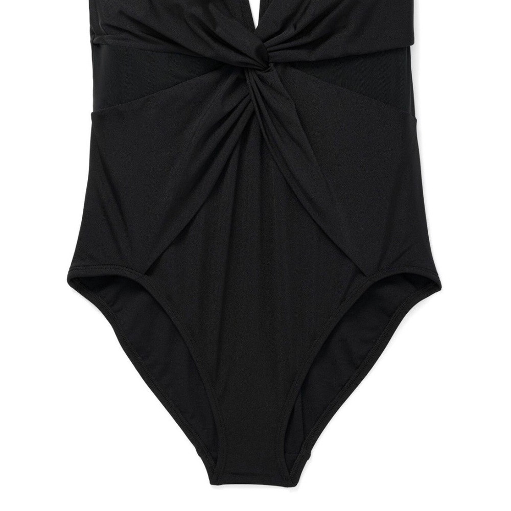 Contour Plus Knot Front V-Neck Mesh Sides Black One Piece Swim - Picture 2 of 12